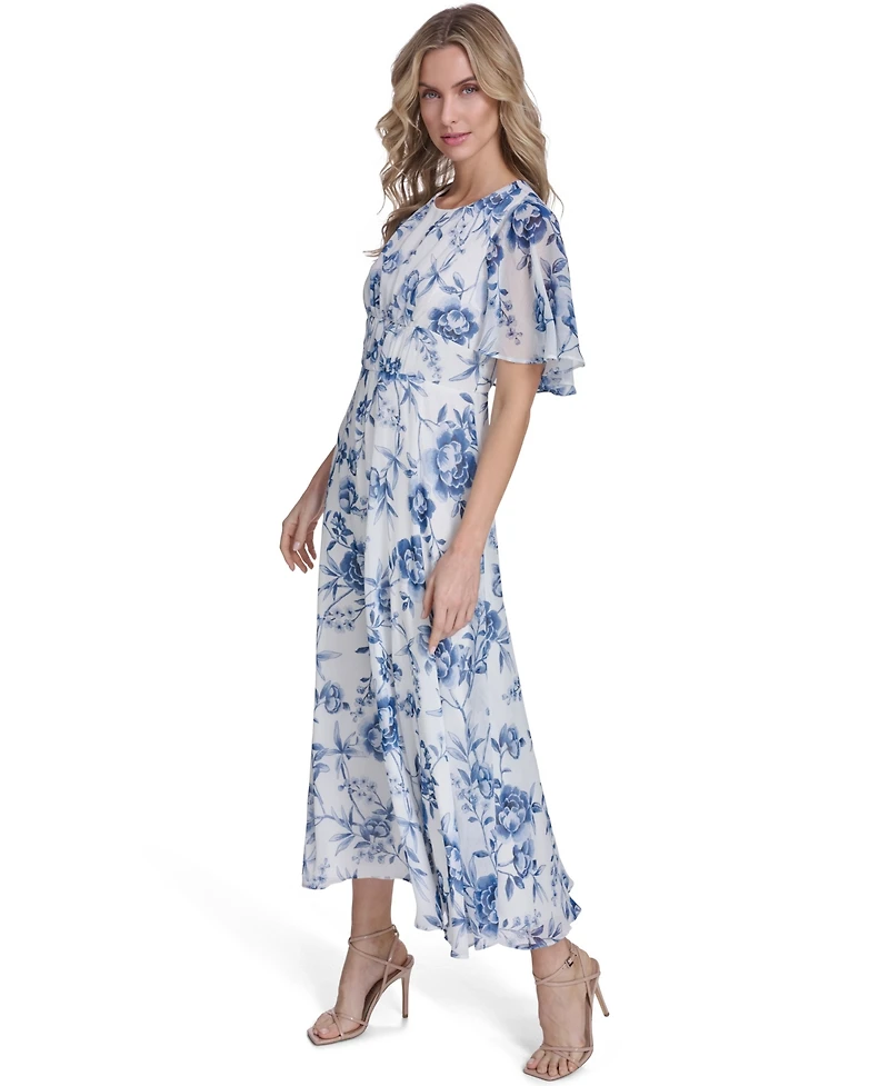 Calvin Klein Women's Cape-Sleeve Smocked Printed Dress