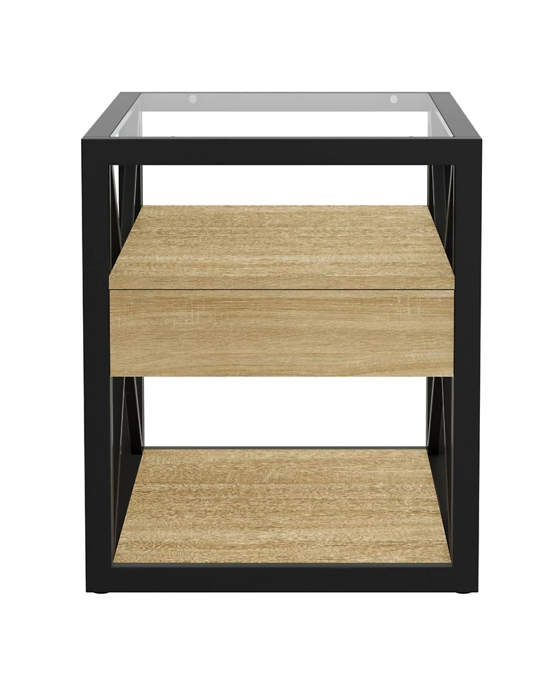 Streamdale Furniture Modern End Table with Drawer - Natural Wood & Glass