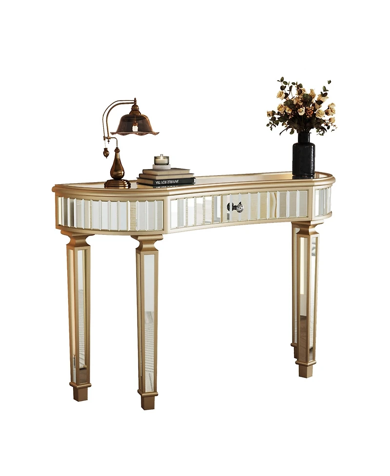 Streamdale Furniture Streamdale 47" Half-Moon Mirrored Console Table - Fluted Glass & Crystal Knob