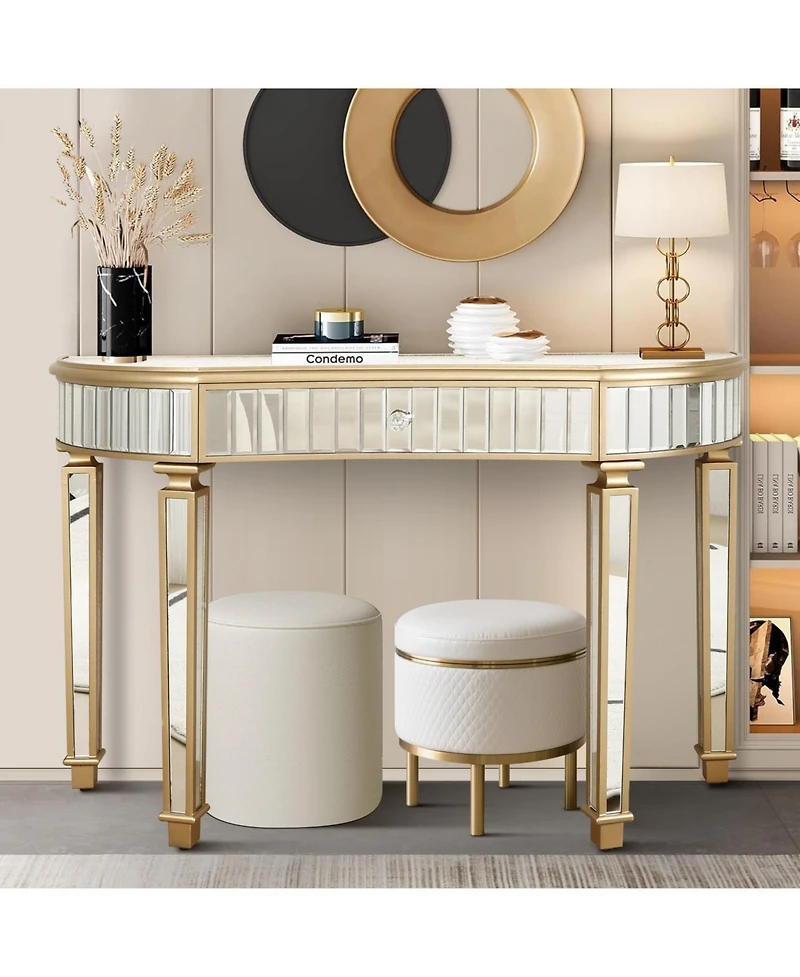 Streamdale Furniture Streamdale 47" Half-Moon Mirrored Console Table - Fluted Glass & Crystal Knob