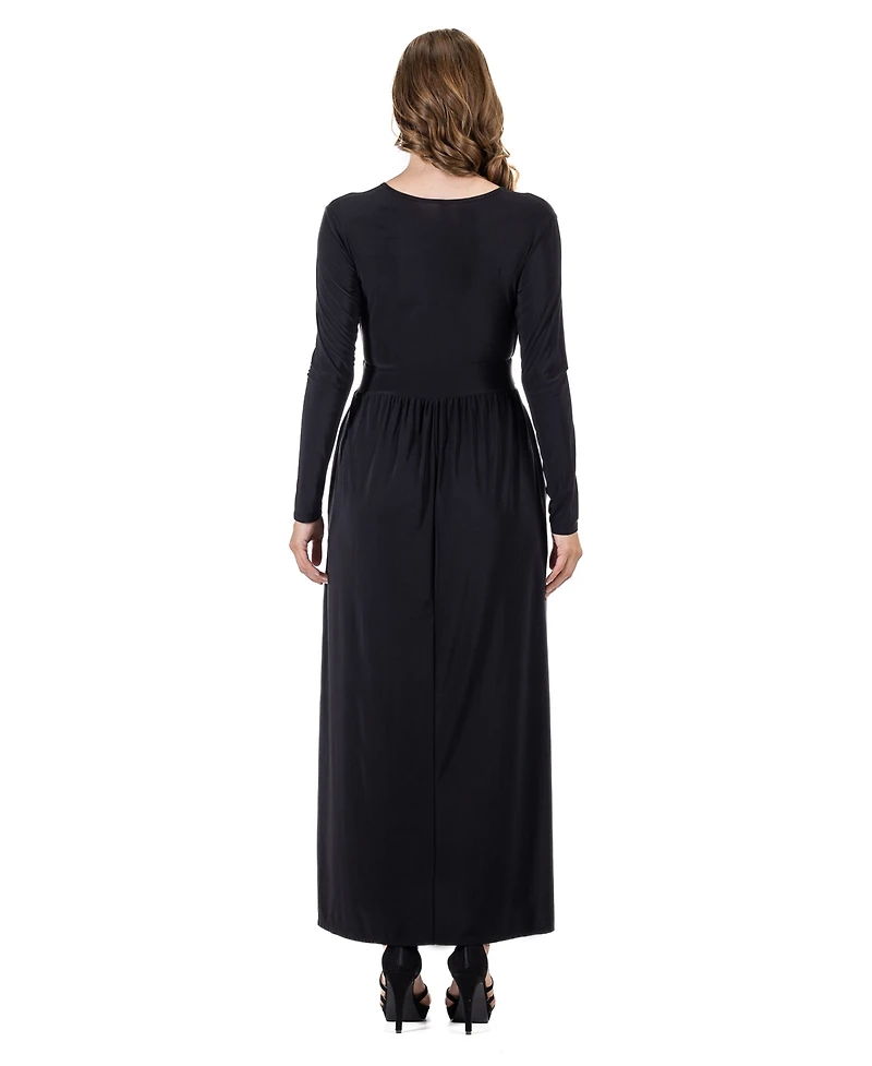 24seven Comfort Apparel Women's Long Sleeve V-neck Side Slit Maxi Dress
