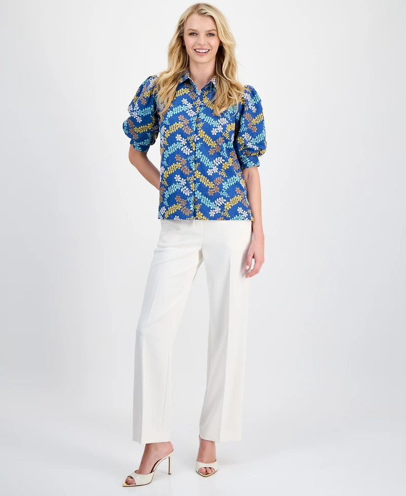 T Tahari Women's Embroidered Puff-Sleeve Button-Front Blouse