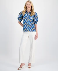 T Tahari Women's Embroidered Puff-Sleeve Button-Front Blouse