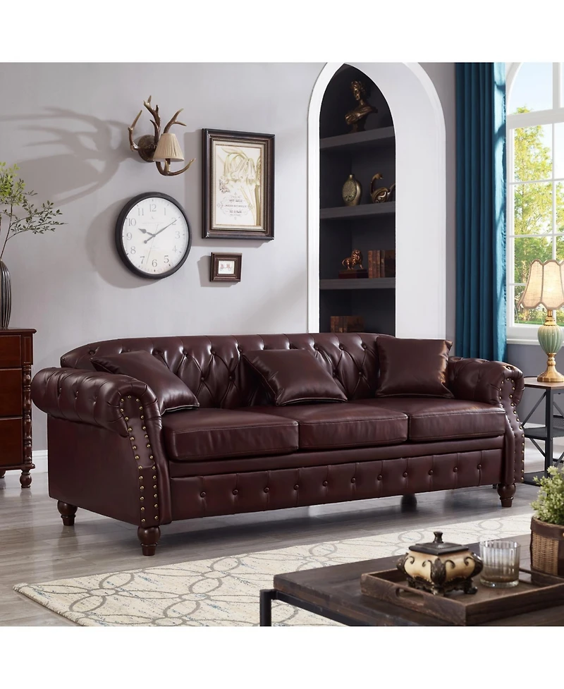 Streamdale Furniture 85.8" Chesterfield Sofa - Tufted Faux Leather Pu - Burgundy