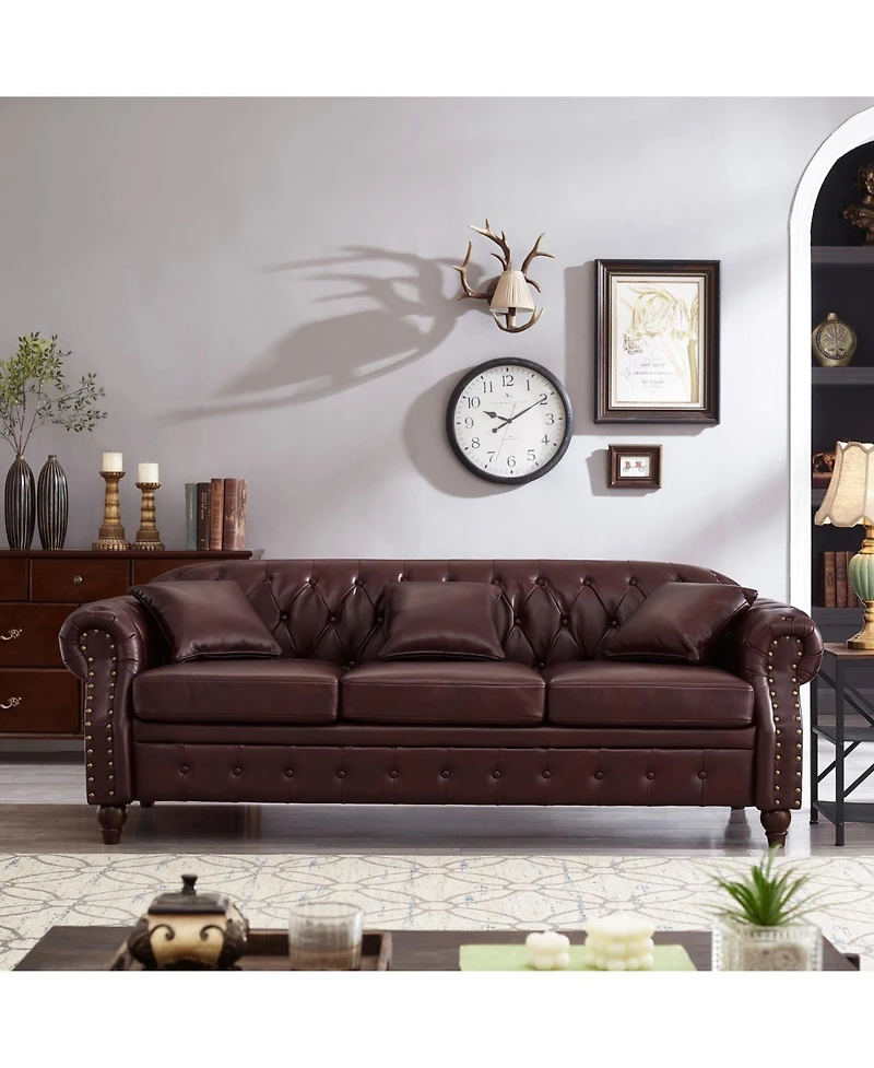 Streamdale Furniture 85.8" Chesterfield Sofa - Tufted Faux Leather Pu - Burgundy