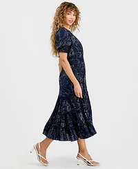 T Tahari Women's Floral-Print Smocked-Waist Elbow-Sleeve Dress