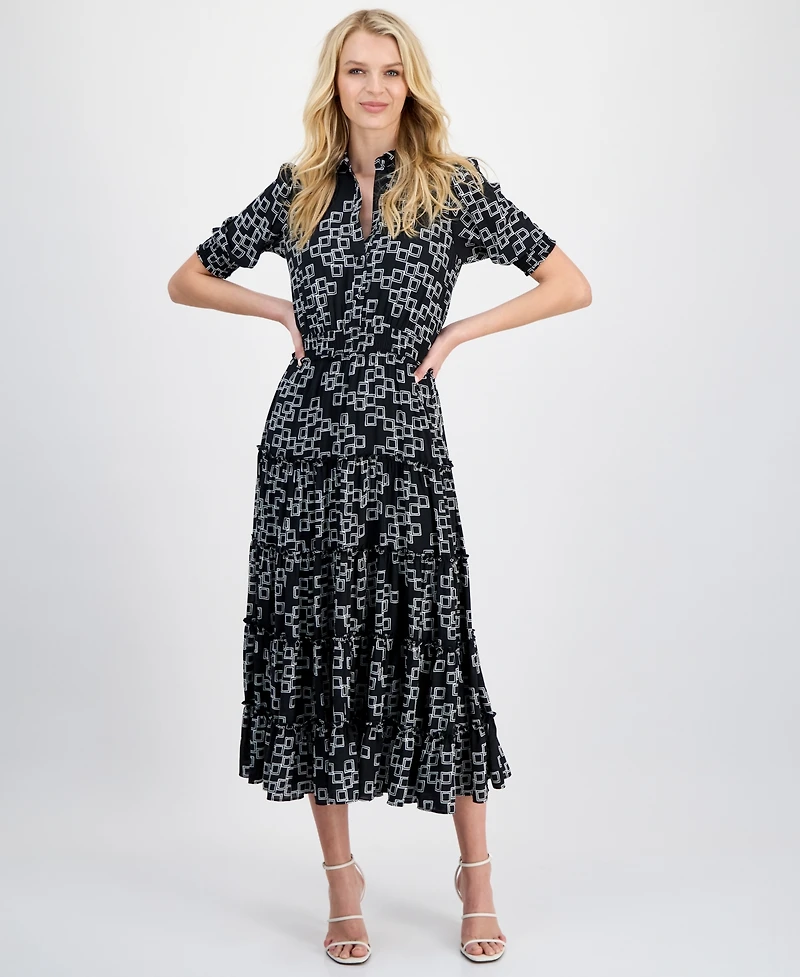 T Tahari Women's Printed Collared Midi Dress