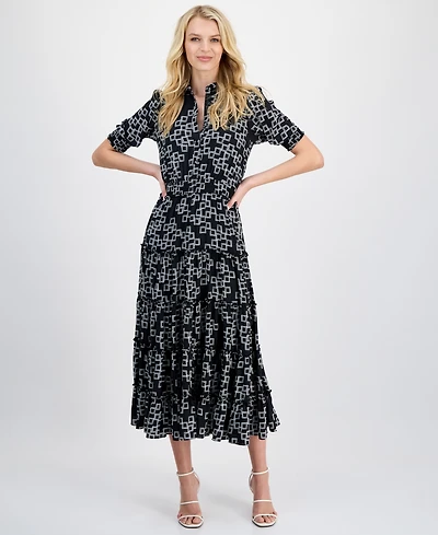 T Tahari Women's Printed Collared Midi Dress