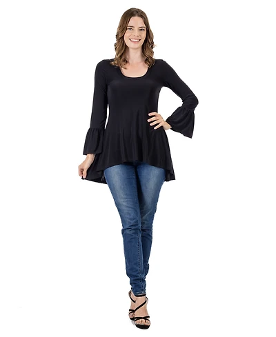 24seven Comfort Apparel Women's Long Bell Sleeve High Low Tunic Top