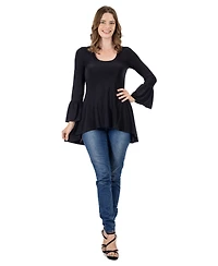 24seven Comfort Apparel Women's Long Bell Sleeve High Low Tunic Top