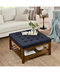 Streamdale Navy Blue Linen Tufted Ottoman w/ Wood Frame & Shelf