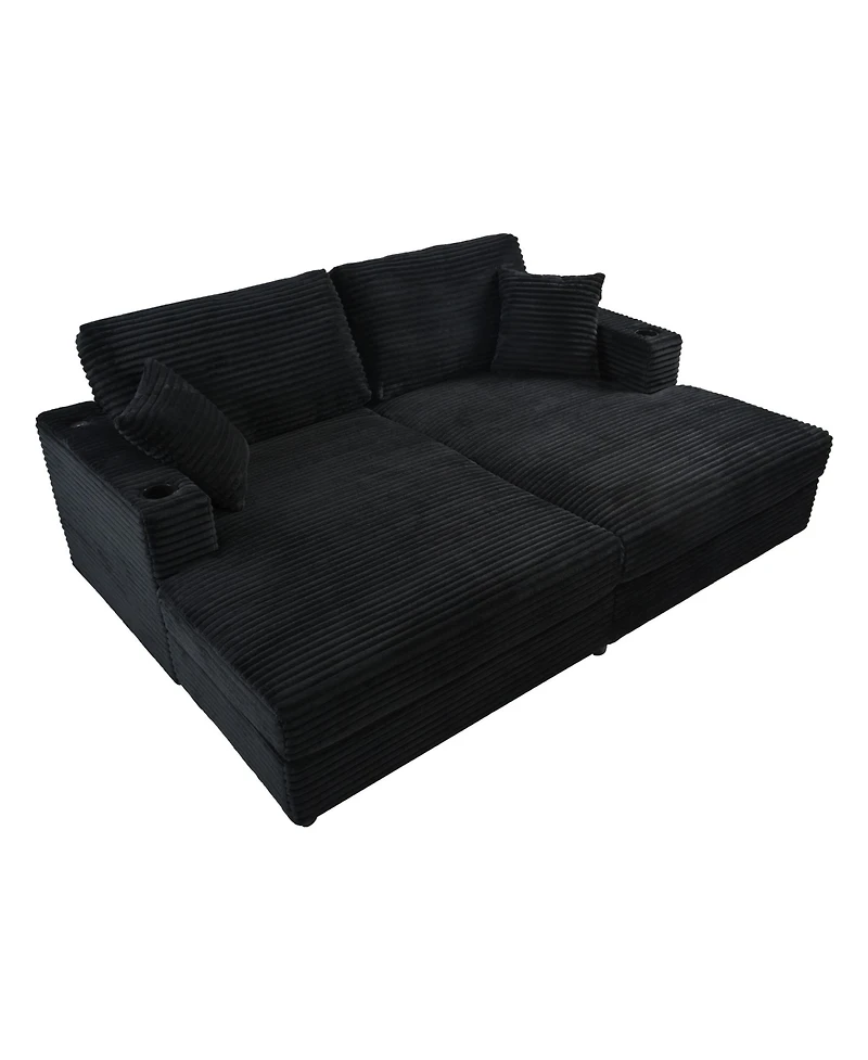 Streamdale Furniture Oversized Corduroy Loveseat Chaise Lounge with Usb Ports, Cup Holders, and Pillows