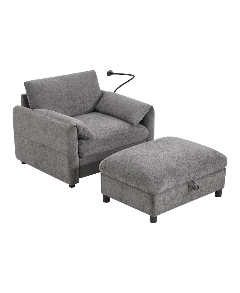 Streamdale Furniture38" Sofa w/ Storage Ottoman, Usb, Phone Holder, Pockets, Wide Chaise, Chenille