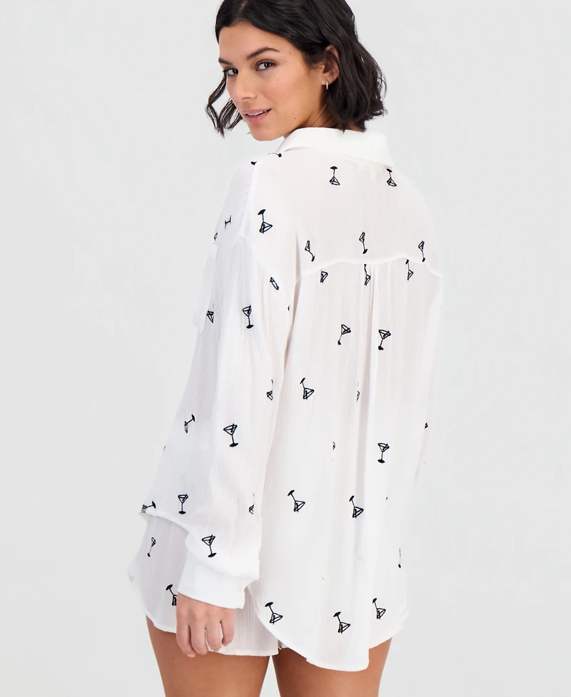 Miken Women's Martini Embroidery Button-Down Swim Shirt