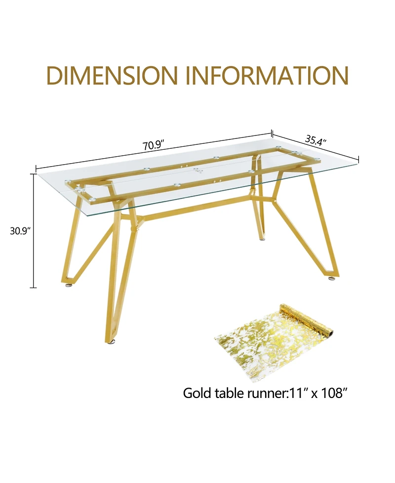 Streamdale Furniture 70.9" Rectangular Glass Dining Table - Gold Legs, Seats 1-8