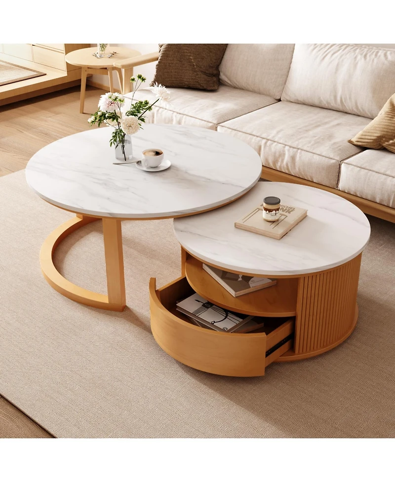 Streamdale Furniture Round Marble Top Nesting Coffee Table, 2-Tier Storage, Drawer, Natural, 28.5"