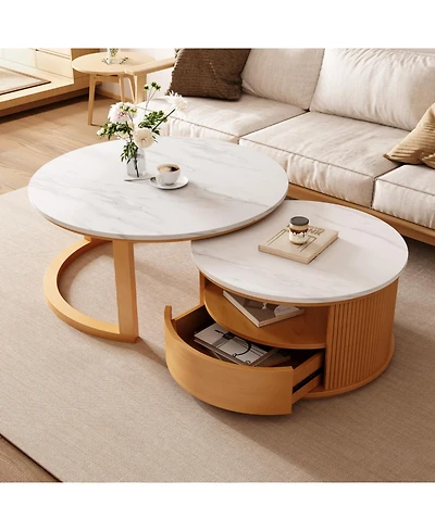 Streamdale Furniture Round Marble Top Nesting Coffee Table, 2-Tier Storage, Drawer, Natural, 28.5"