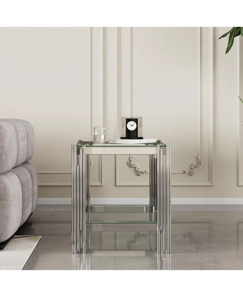 Streamdale Furniture Modern Tempered Glass Top End table with Silver Stainless Steel Frame