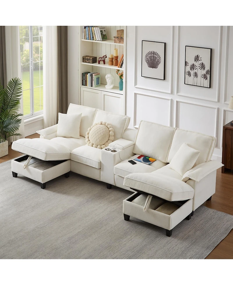 Streamdale Furniture 120" Corduroy Sectional Sofa Bed w/Storage, Cup Holders - Beige