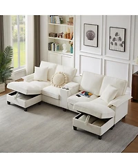 Streamdale Furniture 120" Corduroy Sectional Sofa Bed w/Storage, Cup Holders - Beige