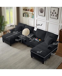 Streamdale Furniture Corduroy Sectional Sofa Bed w/Storage, U-Shape, 4-Seater, Cup Holders