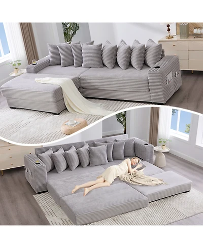 Streamdale Furniture Corduroy L-Shaped Sectional Sofa w/ Ottoman, Pillows & Cup Holders - Light Gray