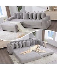 Streamdale Furniture Corduroy L-Shaped Sectional Sofa w/ Ottoman, Pillows & Cup Holders - Light Gray