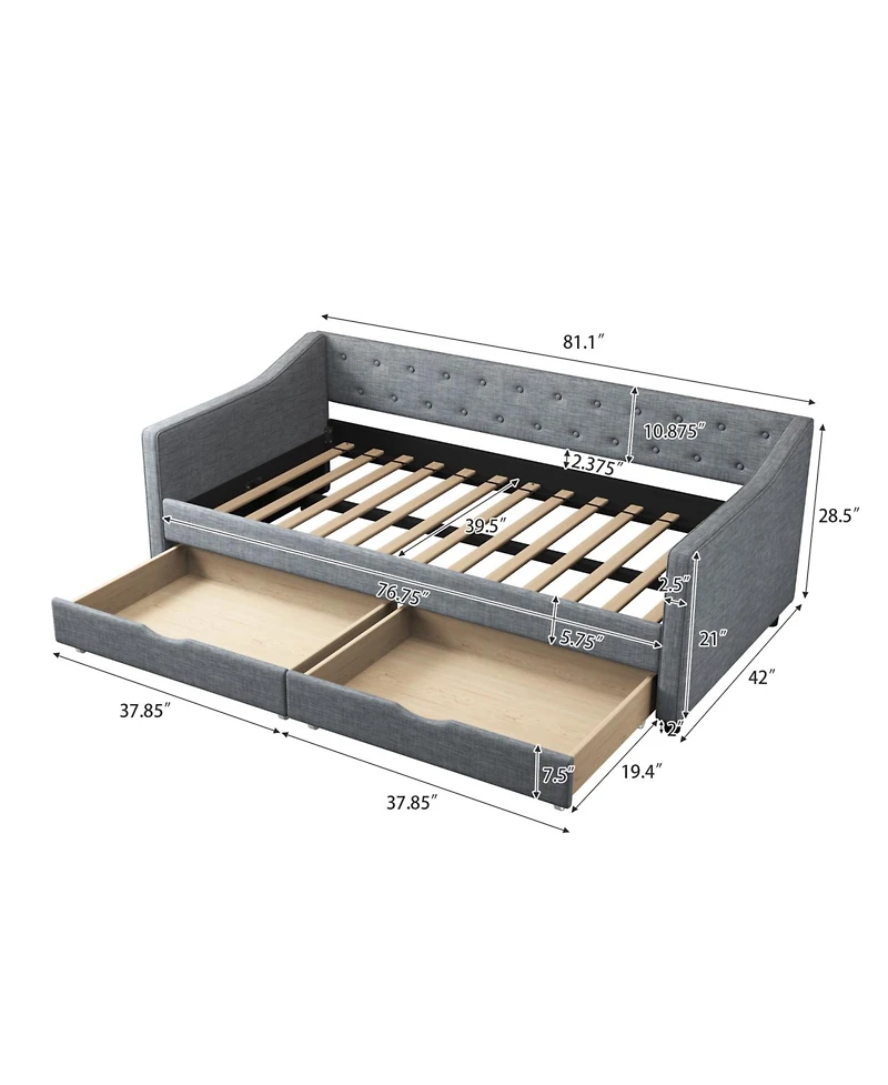 Streamdale Furniture Twin Daybed with Drawers, Tufted Sofa Bed - Light Grey