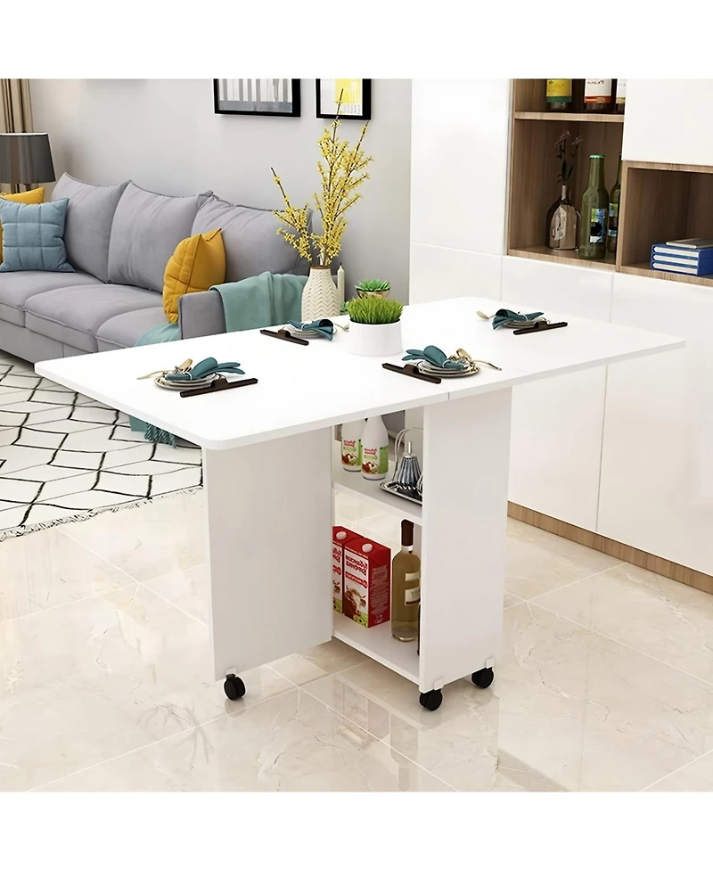 Streamdale Folding Drop Leaf Dining Table with Wheels & Storage - White