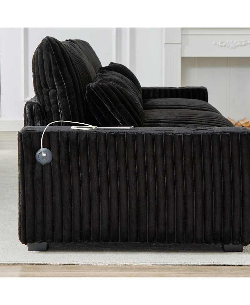 Streamdale Furniture Corduroy L-Shaped Sofa w/ Cup Holder, Usb, Pillows & Movable Footrest