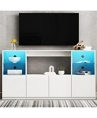 Streamdale Furniture High Gloss Tv Stand with Led Lights, Large Storage & Tempered Glass Shelves (Black, 67"Wx13.7"D)