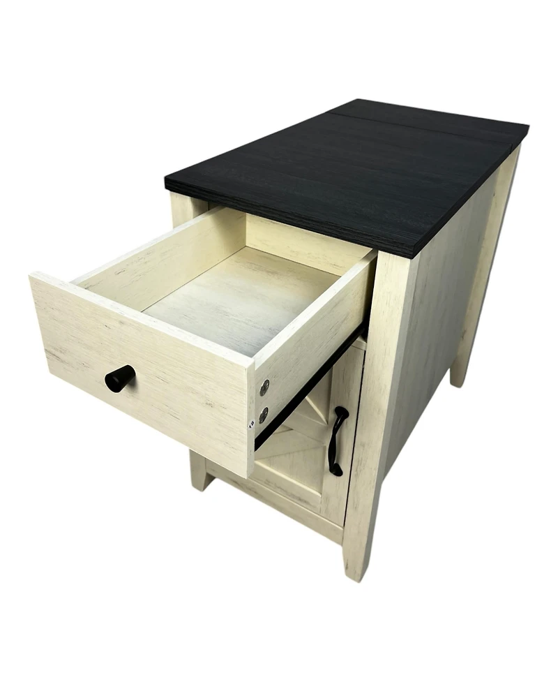 Streamdale Furniture Farmhouse Bedside Table with Charging Station, Barn Door Nightstand with Drawer