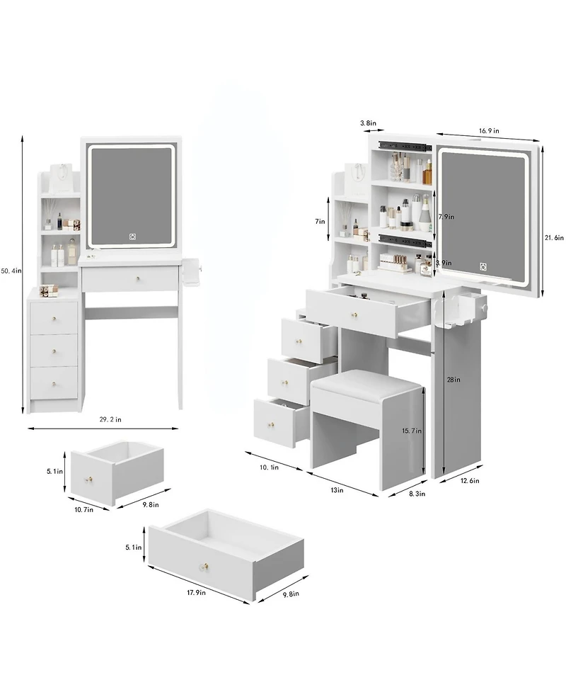 Streamdale Furniture Streamdale Multifunctional Bedside Vanity Table with - Led Mirror - Power Station - Hair Dryer Bracket - Cushioned Stool