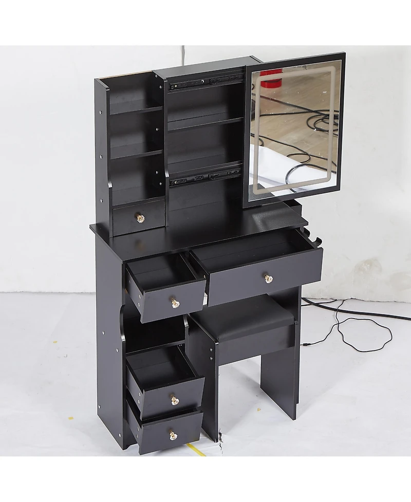 Streamdale Furniture Vanity Table with Power Station, Led Mirror, & Cushioned Stool