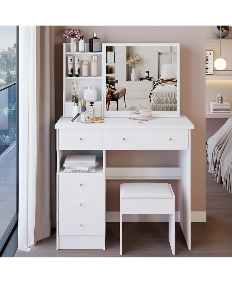 Streamdale Furniture 37" Vanity Table with Mirror Stool & Storage