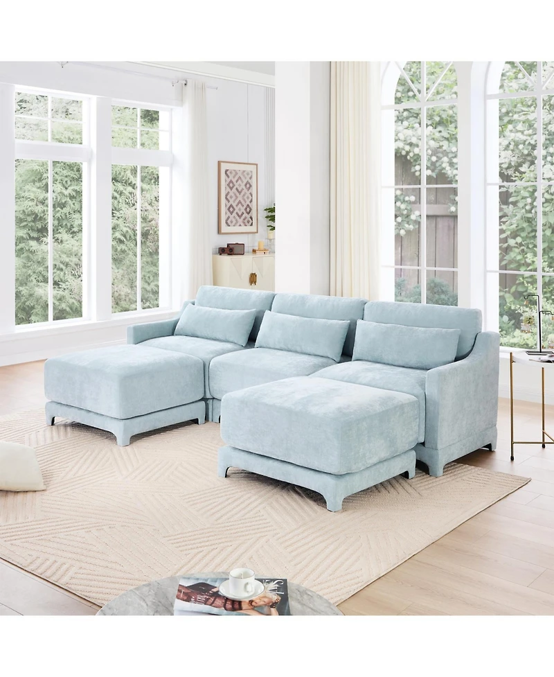 Streamdale Furniture Chenille 3-Seater Sofa with Ottomans & Pillow - Sky Blue