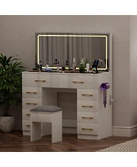 Streamdale Furniture 46" Glass Top Vanity Desk with Mirror, Stool, Power Outlet