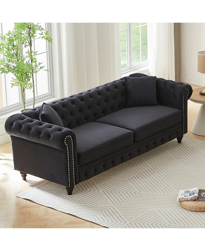 Streamdale Furniture Velvet Chesterfield Sofa 85.5" Rolled Arms 3 Seater Button Design + 2 Cushions