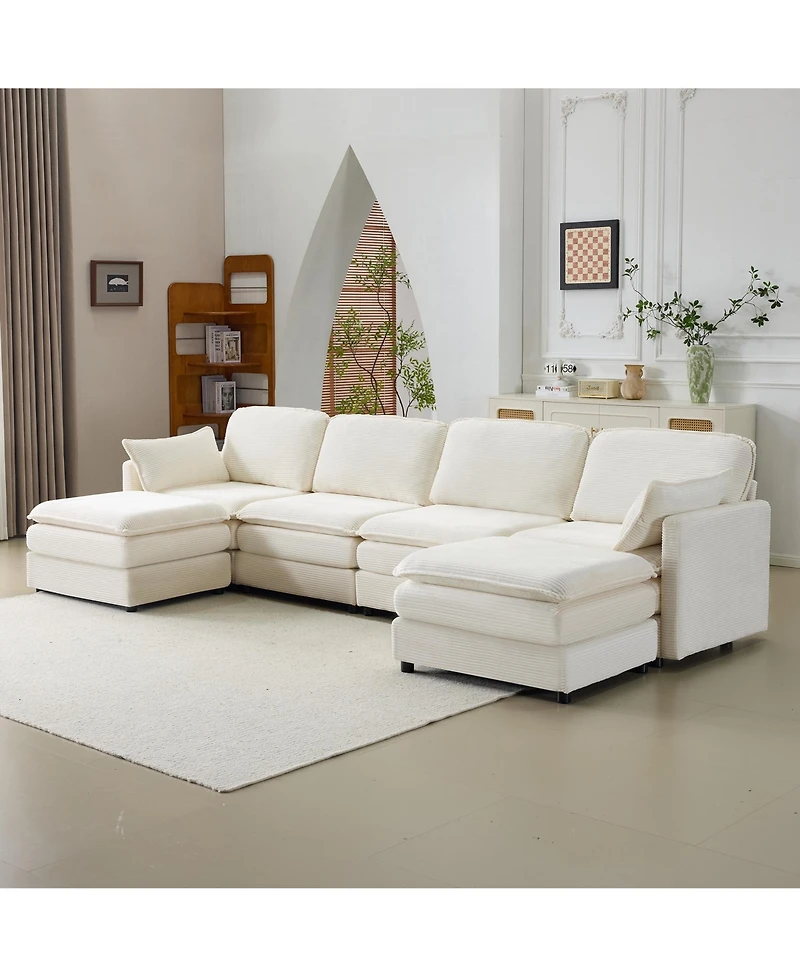Streamdale Plush Cloud Modular Sofa- 4-Seater + 2 Footstools, Beige Chenille Cushions & Pillows