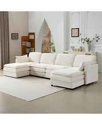 Streamdale Plush Cloud Modular Sofa- 4-Seater + 2 Footstools, Beige Chenille Cushions & Pillows