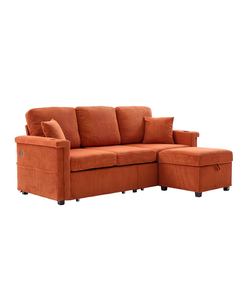 Streamdale L-Shaped Sectional Sofa w/ Storage Ottoman, Usb, Cup Holder, Corduroy