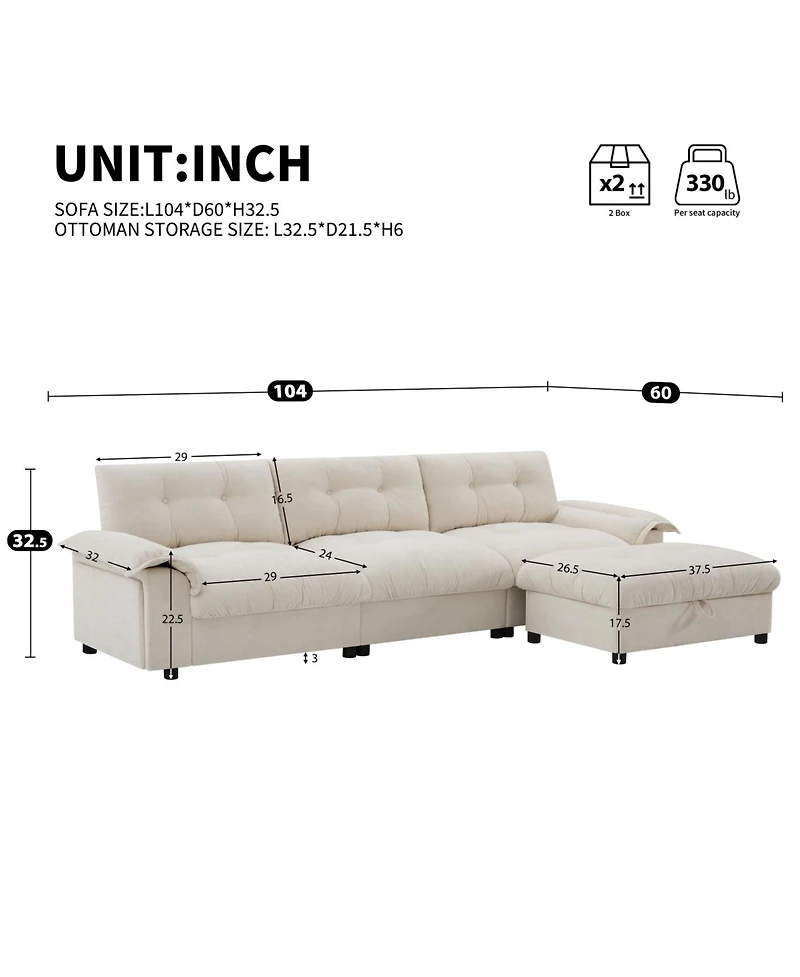 Streamdale Furniture L-Shape Sectional Sofa w/ Ottoman, Charging, Cup Holder