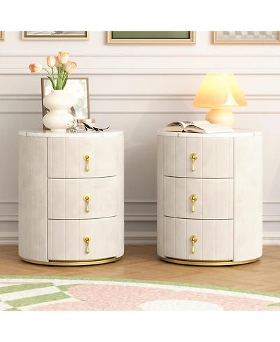 Streamdale Furniture Upholstered Nightstand 2 Set, 3 Drawers, Round, Beige
