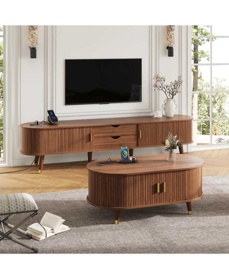 Streamdale Farmhouse Tv Stand & Coffee Table Set, Fluted Media Console with Charging Station, Walnut