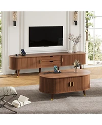Streamdale Farmhouse Tv Stand & Coffee Table Set, Fluted Media Console with Charging Station, Walnut