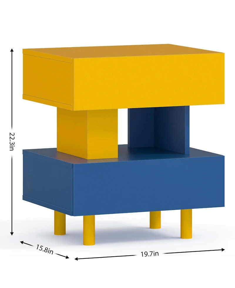 Streamdale Furniture Modern Nightstand End Table - Bedroom, Living Room, Playroom - Yellow & Blue