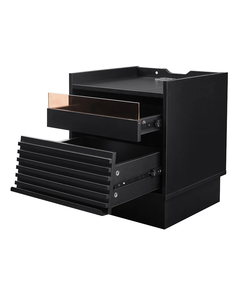 Streamdale Furniture Mid Century Nightstand with Charging & Led, 2 Drawers, Bedside/End Table, Black