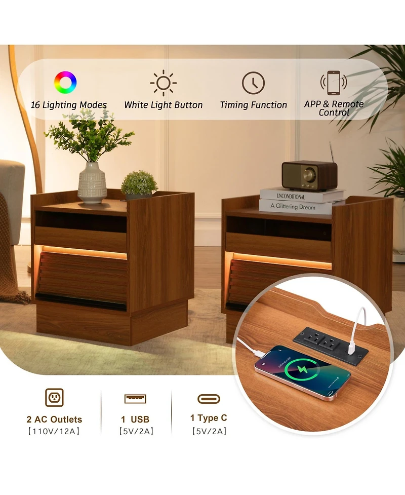 Streamdale Furniture Streamdale Mid Century Nightstand with Charging & Led, 2 Drawers, Bedside/End Table, Black