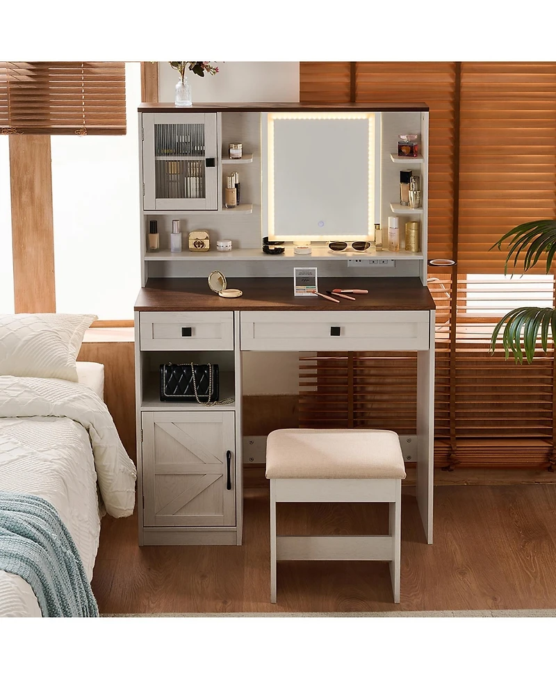 Streamdale Furniture Farmhouse Vanity Desk with Mirror, Lights, Charging Station, Stool