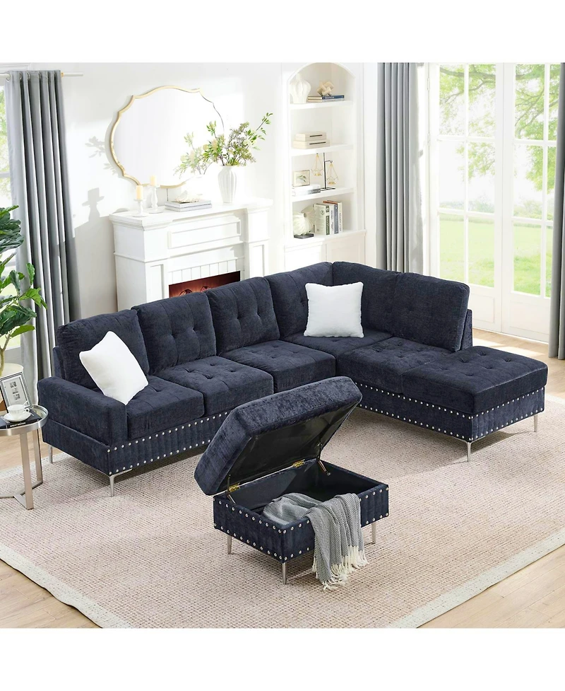 Streamdale Furniture Navy Sectional Sofa with Reversible Chaise, Ottoman & Pillows